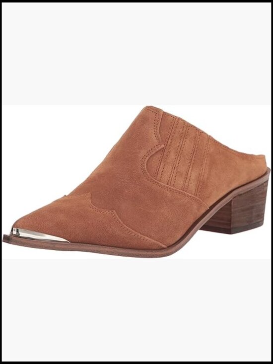 Shoes - Western Stitch Detail Mules Block Heel Closed Toe Pull-On Suede Shoes
